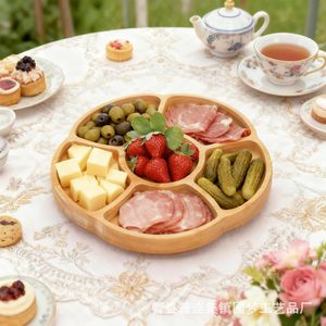 Rotating Bamboo <b>Snack</b> <b>Tray</b> Divided Fruit Dessert Candy Serving Platter Natural Wood Color Hotel Coffee Tea Use - Product Image 2