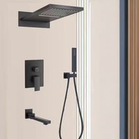Ensemble de douche mural noir de 15 pouces avec robinet de pluie en cascade, mitigeur encastré au plafond, système de douche pour hôtel