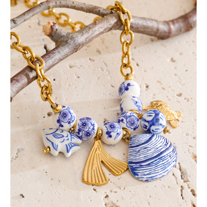 Collana JINYOU 7795 in acciaio inossidabile placcato oro con ciondolo a forma di oceano, perline in porcellana blu e bianca, ciondolo a forma di <span class=keywords><strong>tartaruga</strong></span> e pesce. - Product Image 4