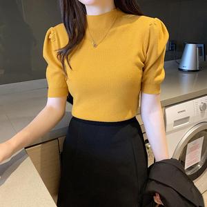 새로운 여성용 단색 짧은 니트 티셔츠 캐주얼 슬림 탑 퍼프 소매와 스탠드 칼라 타이트핏 스웨터 - Product Image 4