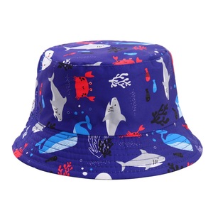 Sombrero de Pescador para Niños con Estampado de Animales Marinos Morados, Diseño de Tiburón, Cangrejo y Ballena, Ala Ancha, para Playa y Exteriores - Product Image 1