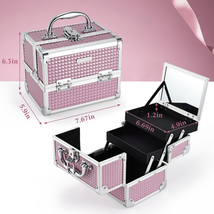 Valigetta <span class=keywords><strong>per</strong></span> Trucco Rosa Portatile con Specchio e Chiusura, Beauty Case da Viaggio, Organizer Rigido <span class=keywords><strong>per</strong></span> Cosmetici - Product Image 6
