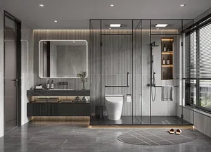 Luxury Hotel European Style Wall Mounted Black Marble Bathroom Vanity Unit Complete Modern Bathroom Vanities