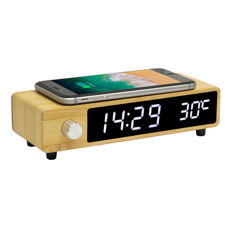 EMAF бамбука ретро ручка цифровые деревянные часы с будильником, Беспроводная зарядка 5Вт 10 Вт быстрой беспроводной зарядки по стандарту qi настольные часы