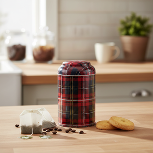 1.2L Round Metal Tin with Dome Lid 105mm X 150mm Plaid Design by Ekose Turkey Origin Kontensan Brand - Product Image 3