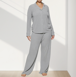 OEM Pyjamas grande taille à boutons et manches longues en coton et bambou pour femmes, 2 pièces, 1x1, pyjamas en jersey côtelé, vêtements de nuit pour femmes - Product Image 1