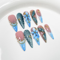 Vente en gros de faux ongles faits à la main, press-on, avec fleurs roses en relief 3D, réutilisables, longs, forme stiletto, ongles artificiels