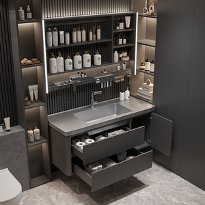 Meuble de salle de bain intelligent moderne gris avec miroir de rangement, meuble suspendu gris pour lavabo, fonction anti-buée et affichage de l'heure - Product Image 6