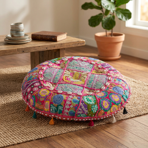 Taie d'oreiller ronde brodée à la main Sari Patchwork housse de coussin de sol décorative non tissée pour la maison hôtel ou hôpital - Product Image 2