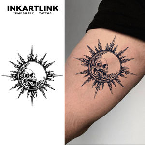 INKARTLINK Pegatina <span class=keywords><strong>de</strong></span> <span class=keywords><strong>tatuaje</strong></span> gótico <span class=keywords><strong>de</strong></span> calavera y luna, efecto rayos <span class=keywords><strong>de</strong></span> sol y estrellas, semipermanente <span class=keywords><strong>de</strong></span> 15 días, arte corporal para brazo y pierna, venta al por mayor - Product Image 2