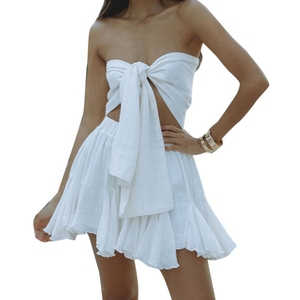 Conjunto de Dos Piezas de Verano, Estilo Vacacional, Color Sólido, Falda Corta con Volantes en el Pecho, Casual para Mujer - Product Image 1