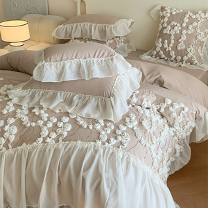 Juego de cama de cuatro piezas de algodón lavado con agua de Rosa francesa con funda de edredón de encaje estilo princesa para las cuatro estaciones - Product Image 3