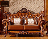 Sofá de Piel de Estilo Europeo Americano Combinación 123 para Villa de Lujo Apartamento Grande Sala de Estar de Madera Maciza y Piel de Vaca de Primera Capa