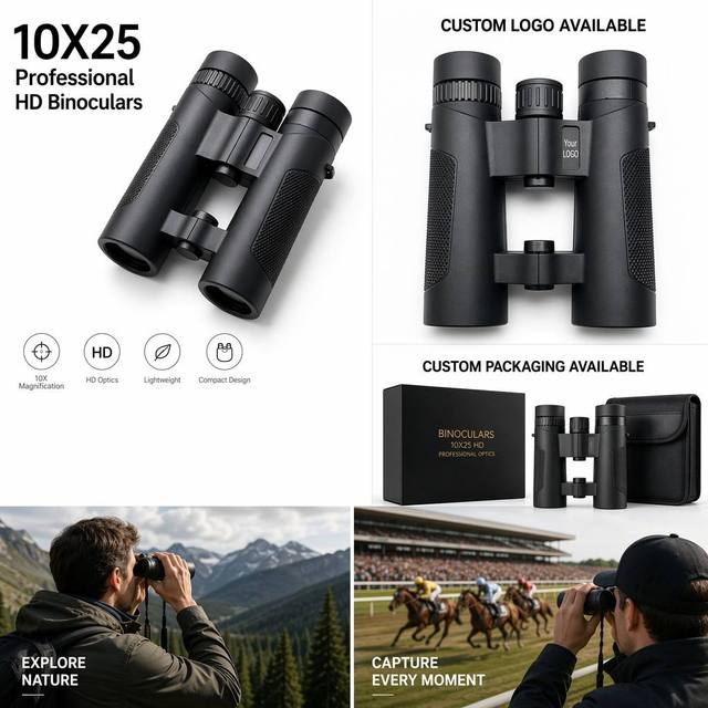 Custom Logo 10X25 Binoculars HD IPX7 Waterproof FMC BAK7 Prism Compact Telescope Binoculars for Outdoor Sport Horse Racing