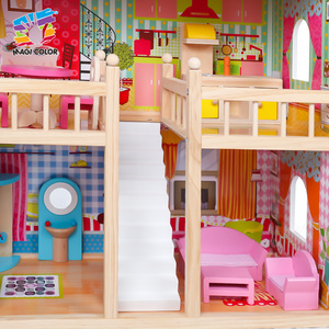 Mainan edukasi DIY rumah boneka, kayu merah muda klasik untuk anak perempuan W06A163C