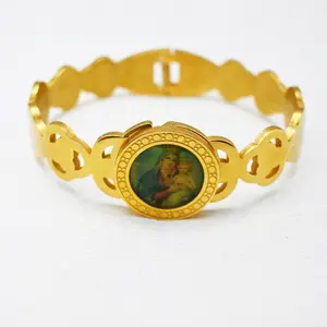 Opening Tarnish Free Gold Plated Virgin Mary Photo Charm Cuff Bangle Titanium Stainless Steel Fashion Jewelry Bangles