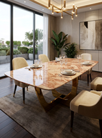 Table à manger en marbre rose de luxe, table en pierre naturelle polie, mobilier moderne sur mesure pour villa