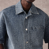 Ensemble short en jean orné de strass pour homme, 2 pièces, chemise boutonnée à manches courtes oversize, style vintage délavé, tenue décontractée streetwear