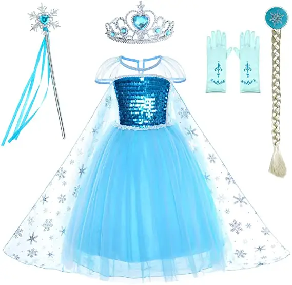 Hot verkauf Short Sleeve Elsa Princess Costumes Birthday Dress Up für Little Girls mit Crown,Mace, Accessories 3-12 Years