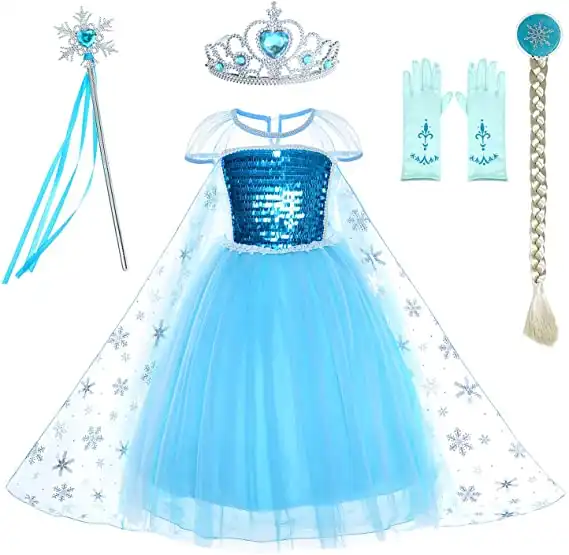 गर्म बेच लघु आस्तीन एल्सा राजकुमारी वेशभूषा जन्मदिन का ताज के साथ छोटी लड़कियों के लिए ड्रेस अप, गदा, सामान 3-12 साल
