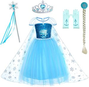 Vendita calda <span class=keywords><strong>Elsa</strong></span> principessa <span class=keywords><strong>Costume</strong></span> maniche corte abito di compleanno per bambine per 3-12 anni CrownMace accessori inclusi - Product Image 1