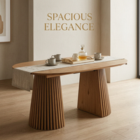 Table à manger extensible de style Japandi avec base à piétement nervuré, ensemble de table de cuisine moderne de luxe en MDF avec chaises rembourrées pour 6 à 8 personnes