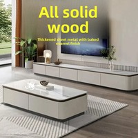 Ensemble Meuble TV et Table Basse en Bois Massif et Pierre Microcristalline, Style Luxe Moderne, avec Rangement – Meubles de Salon Multi-Tailles
