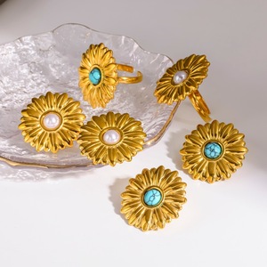 Flower <b>Stud</b> <b>Earrings</b> And Rings Set Stainless Steel Gold Plated <b>Turquoise</b> Pearl Inlay Jewelry For Gift - Product Image 1