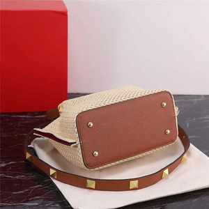<b>Straw</b> Bohemian Tote <b>Bag</b> With Rivet Decoration Removable Strap Women's Casual Handbag Durable Polyester Lining - Product Image 2