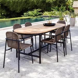 Ensemble de jardin en rotin d'extérieur, bois de teck, 6 places, design minimaliste, meubles de salle à manger pour patio - Product Image 1