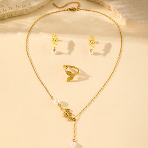 <span class=keywords><strong>Set</strong></span> Kalung/Cincin/Anting Rantai Baja Tahan Karat dengan Liontin Daun dan Mutiara untuk Wanita, Perhiasan Fashion Elegan untuk Wanita - Product Image 3