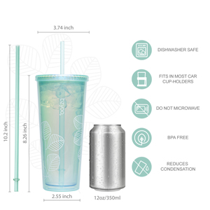 Wholesale Pearlized Green Leaf <b>Plastic</b> <b>Tumbler</b> BPA-Free Reusable Stainless Steel <b>Tumblers</b> with Lids and Straws - Product Image 2