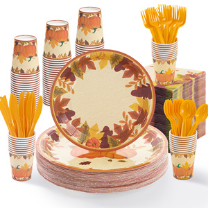 ชุดภาชนะใส่อาหารแบบใช้แล้วทิ้ง PET ลายฟักทองฤดูใบไม้ร่วง 350 ชิ้น เป็นมิตรกับสิ่งแวดล้อม สำหรับแขก 50 ท่าน จาน ถ้วย ผ้าเช็ดปาก สำหรับงานเลี้ยงวันขอบคุณพระเจ้า - Product Image 1