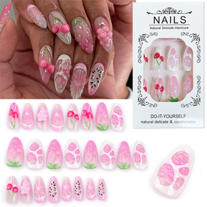 <span class=keywords><strong>Uñas</strong></span> Postizas de Cereza Francesa, <span class=keywords><strong>Uñas</strong></span> 3D Onduladas, Colorete <span class=keywords><strong>Rosa</strong></span> Floral, Puntas Acrílicas para Manicura, 24 Unidades - Product Image 2