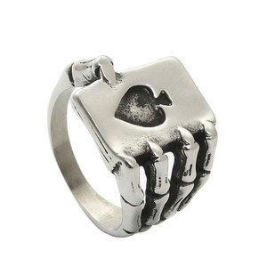 Skeleton Hand <b>Playing</b> <b>Card</b> Ring Silver Stainless Steel Heart Shape Punk Men's Jewelry Party Fashion Ring 26032 - Product Image 1