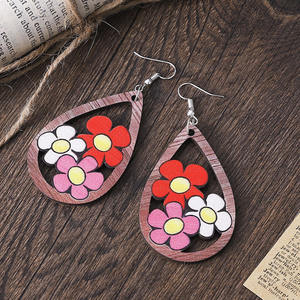 Pendientes de madera Moda Personalidad Color Impreso Flor Gota en forma de hueco Doble colgante Pendientes para mujer Uionen 947 - Product Image 3
