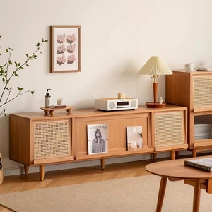 Living room furniture natural wood sliding rattan door flat TV frame TV cabinet Wooden Tv Showcase