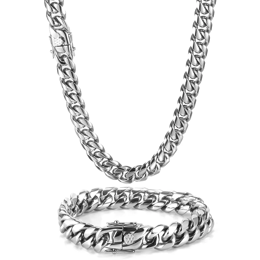 Factory wholesale Hip Hop Cuban Link Mens Miami Stainless Steel 18k Silver Plated Chain Necklace Cuban Link Chain