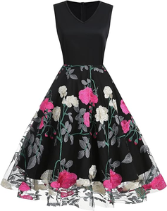 ชุดเดรสออกงานกลางคืนสไตล์วินเทจสำหรับผู้หญิง แบรนด์ OEM ลายปักดอกไม้ ผ้าตาข่ายโปร่งแสง ดีไซน์อีโค่เฟรนด์ลี่ ผ้าทอสำหรับงานปาร์ตี้ งานพรอม ผ้าทูลล์ทรงเอไลน์ธรรมชาติ - Product Image 1