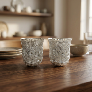 Elegante Juego de Vasos de Aluminio con Diseño Metálico en Filigrana Plateada Alemana |   Artesanía india de alta calidad para regalar en caso de malestar. - Product Image 2