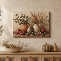 Impression murale sur toile aux tons terreux chauds, art linéaire botanique, nature morte avec vase de fruits, style ferme pour Thanksgiving