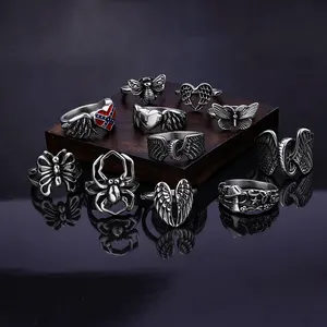 Fashion Gothic Skull Vintage Punk Butterfly Mushroom Heart Shape Unique Stackable Stainless Steel Jewelry Ring Women Mix Lot