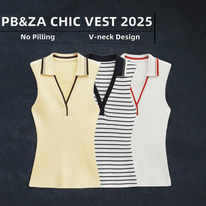 เสื้อโปโลถักไหมพรม PB&ZA รุ่นใหม่ปี 2025 สำหรับผู้หญิง แฟชั่นเก๋ไก๋ ทรงเวสต์ แขนกุด ลายทาง สไตล์วินเทจ ลำลอง - Product Image 3