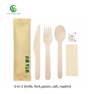Coltello 5-in-1 contenuto, forchetta, cucchiaio, sale, tovagliolo personalizzato biodegradabile eco-friendly coltelli forchetta cucchiaio usa e getta in legno set di posate