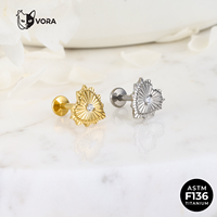 VORA ASTM F136 Titane Cœur rayonnant style soleil clou labret sans filetage à poussoir avec CZ rouge transparent pour cartilage d'oreille, hélix, tragus