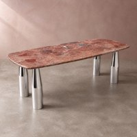 Table à manger moderne en marbre naturel effet fumé, pieds cylindriques en acier inoxydable argenté électroplaqué, personnalisable pour usage hôtelier