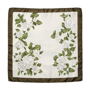 Large 90cm <b>Square</b> <b>Silk</b> <b>Scarf</b> White Camellia and Olive Leaf Print Luxury Gift Wrap Fashion Accessory - Product Image 4