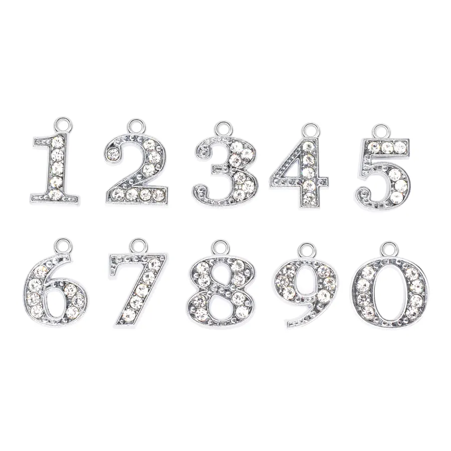 Wholesale Metal Full Rhinestone Silver Color Pendant Hang Letters Approximately 15 x 15mm Alphabet Slide Charms Dangle Numbers