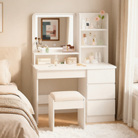 Coiffeuse moderne blanche pour chambre à coucher avec miroir sur pied et éclairage, ensemble de tiroirs de rangement écologiques pour maquillage