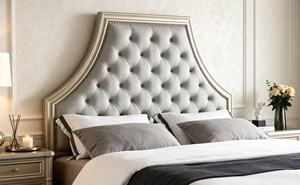 Premium <b>Queen</b> <b>Size</b> Champagne Finish <b>Bed</b> With Grey Diamond Tufted Nailhead Tall Arched Upholstered Headboard For Luxury Bedroom - Product Image 6